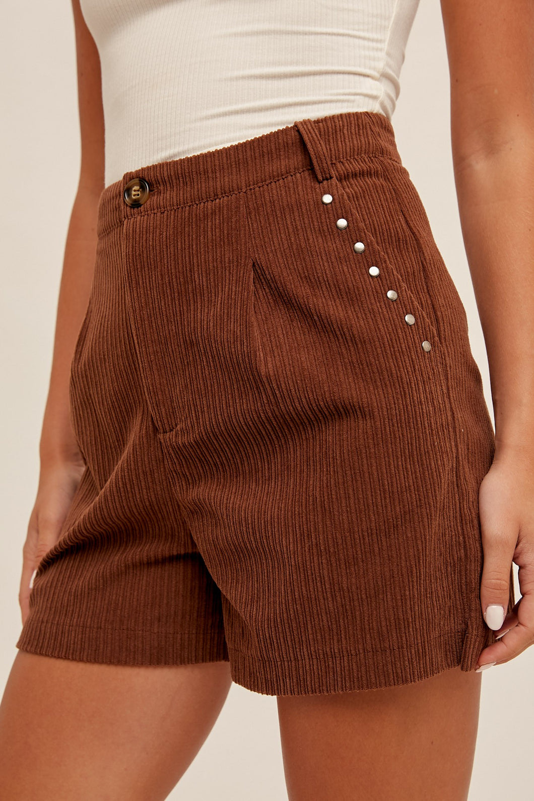 Chocolate Studded Detail Pockets Corduroy Shorts