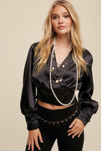 Black Wrap Style Satin Blouse Top
