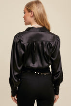 Black Wrap Style Satin Blouse Top