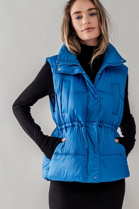 Blue High Neck Toggle Waist Puffer Vest