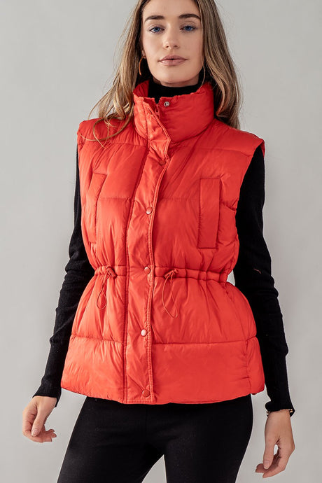 Tomato High Neck Toggle Waist Puffer Vest