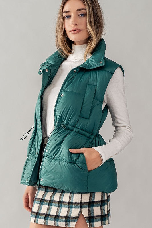 Green High Neck Toggle Waist Puffer Vest