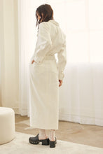 Cream Long Sleeve Front Slit Elastic Waist Denim Dress