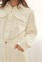 Cream Long Sleeve Front Slit Elastic Waist Denim Dress