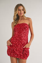 Red Flap Pocket Sequin Tube Mini Dress