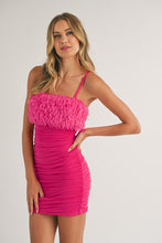 Fuchsia Feather Trim Top Mesh Ruched Mini Dress