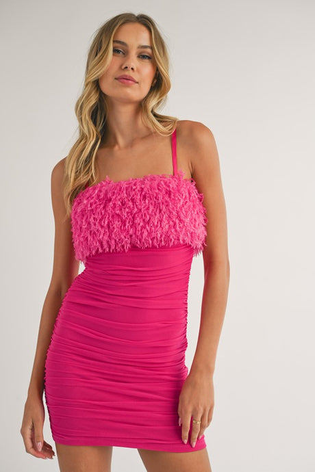Fuchsia Feather Trim Top Mesh Ruched Mini Dress