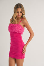Fuchsia Feather Trim Top Mesh Ruched Mini Dress