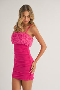 Fuchsia Feather Trim Top Mesh Ruched Mini Dress