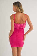 Fuchsia Feather Trim Top Mesh Ruched Mini Dress