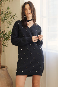 Black V-Neck Cross Pattern Pearl Detail Sweater Dress