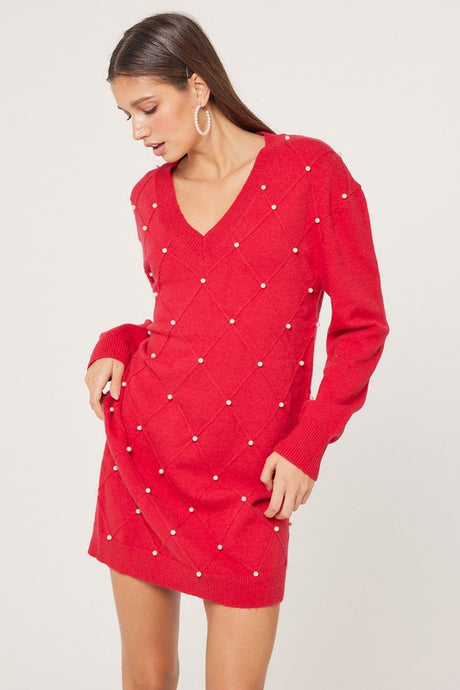 Red V-Neck Cross Pattern Pearl Detail Sweater Dress