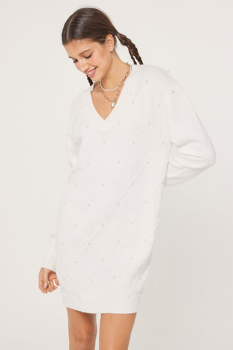 Off White V-Neck Cross Pattern Pearl Detail Sweater Dress