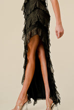 Black Gold Glitter Lurex Ruffled Lace Slitted Maxi Dress