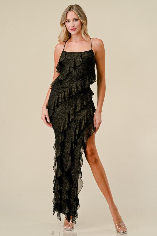 slim fit dress slacks Black Gold Glitter Lurex Ruffled Lace Slitted Maxi Dress – Aquarius Brand