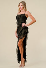 Black Gold Glitter Lurex Ruffled Lace Slitted Maxi Dress