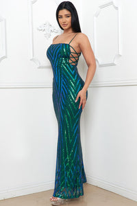 Green/Iridescent Chevron Pattern Seuin Maxi Dress