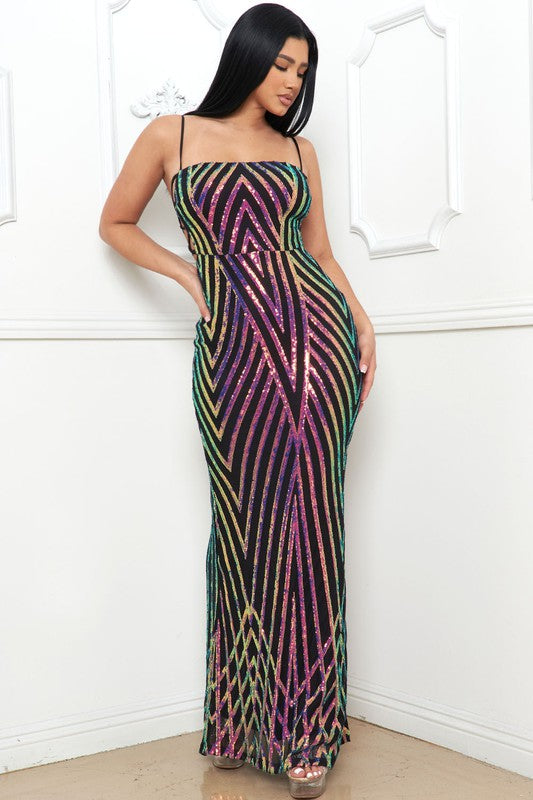 Black/Iridescent Chevron Pattern Seuin Maxi Dress
