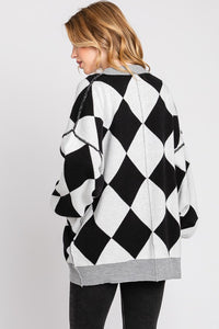 Black/White Argyle Print Cardigan Sweater