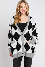 Black/White Argyle Print Cardigan Sweater