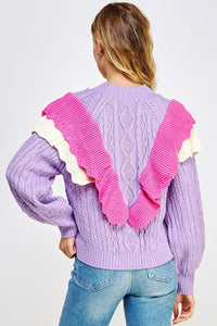 Lilac/Pink/Off-White Contrast Ruffled Accent Cable Knit Sweater
