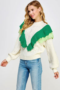 Off-White/Emerald/Air Contrast Ruffled Accent Cable Knit Sweater
