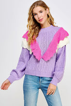 Lilac/Pink/Off-White Contrast Ruffled Accent Cable Knit Sweater