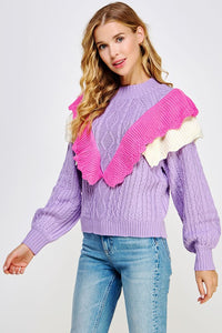 Lilac/Pink/Off-White Contrast Ruffled Accent Cable Knit Sweater