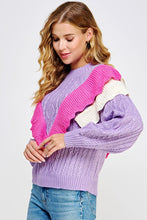 Lilac/Pink/Off-White Contrast Ruffled Accent Cable Knit Sweater