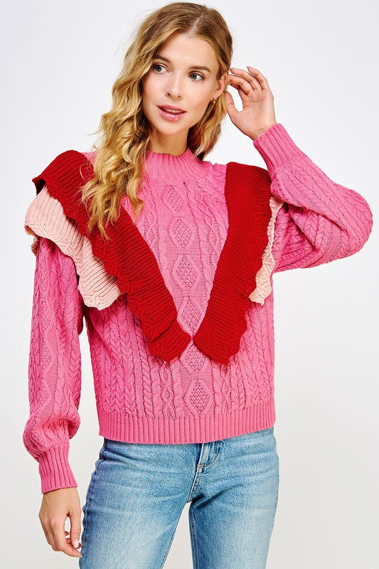 Rose/Rust/Peach Contrast Ruffled Accent Cable Knit Sweater