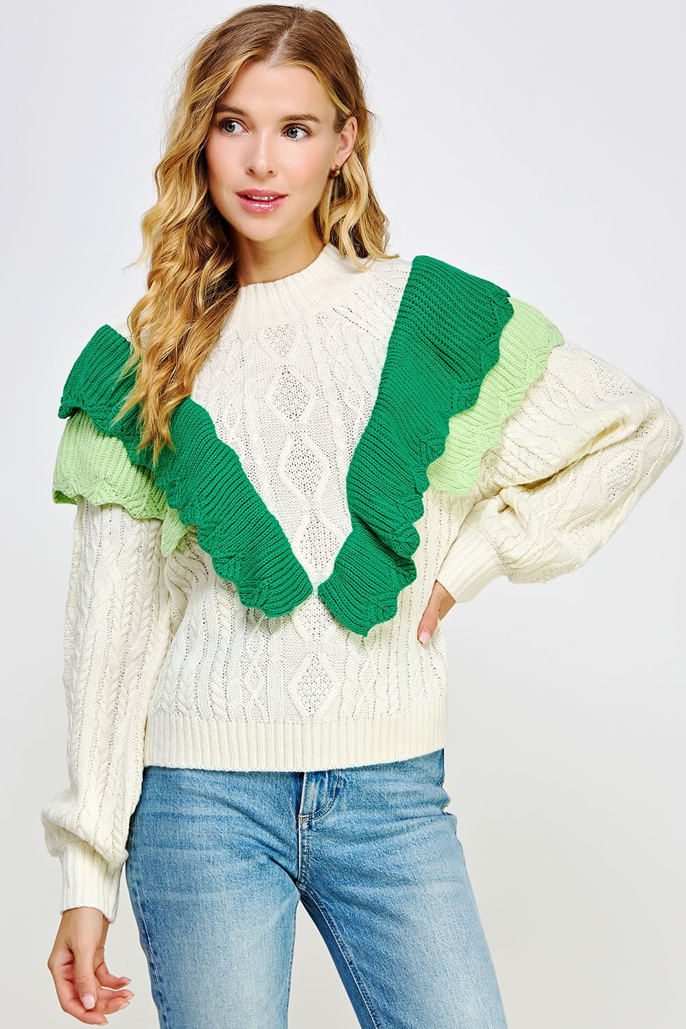 Off-White/Emerald/Air Contrast Ruffled Accent Cable Knit Sweater