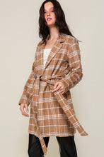 Camel/White Plaid Print Open Front Cozy Coat