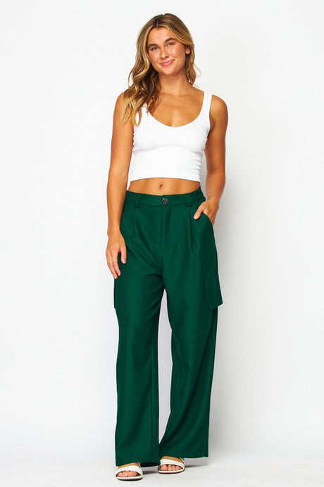 Midnight Green Chanel Fabric Cargo Wide-leg Pants