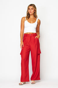 Scarlet Red Chanel Fabric Cargo Wide-leg Pants
