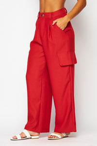 Scarlet Red Chanel Fabric Cargo Wide-leg Pants