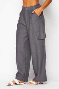 Smocked Charcoal Chanel Fabric Cargo Wide-leg Pants