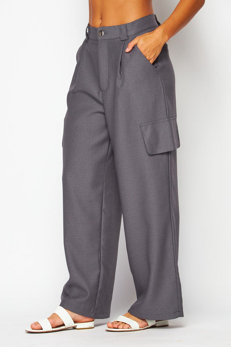Smocked Charcoal Chanel Fabric Cargo Wide-leg Pants