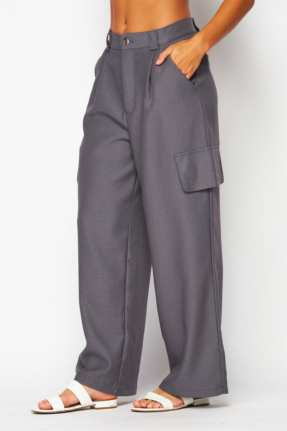 Smocked Charcoal Chanel Fabric Cargo Wide-leg Pants