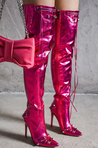 Pink Women Pointy Toe Stiletto Thigh High Boots