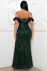 Hunter Green Sequin Off The Shoulder Maxi Dress