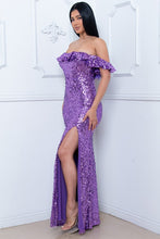 Purple Sequin Off The Shoulder Maxi Dress