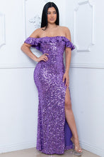 Purple Sequin Off The Shoulder Maxi Dress