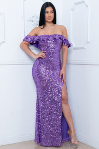 Purple Sequin Off The Shoulder Maxi Dress