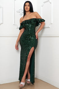 Hunter Green Sequin Off The Shoulder Maxi Dress