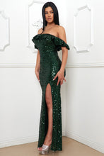 Hunter Green Sequin Off The Shoulder Maxi Dress
