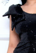 Black Sequin Ribbon On One Shoulder Maxi Dress