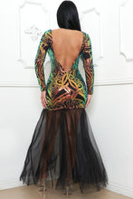 Black Sequin Broque Pattern Mesh Mermaid Maxi Dress