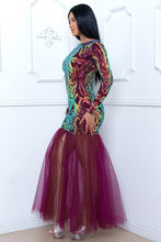 Plum Sequin Broque Pattern Mesh Mermaid Maxi Dress