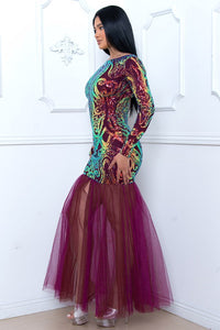 Plum Sequin Broque Pattern Mesh Mermaid Maxi Dress
