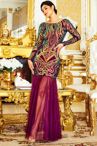 Plum Sequin Broque Pattern Mesh Mermaid Maxi Dress